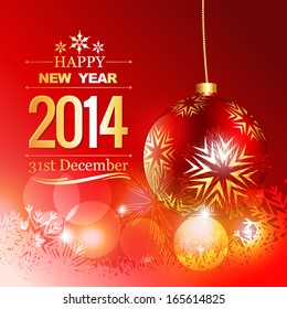 shiny golden happy new year greeting card with christmas ball