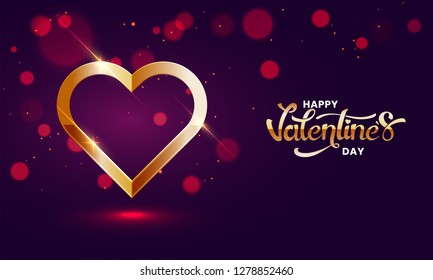 Shiny golden heart shape on purple bokeh background for Valentine's Day celebration greeting card design.