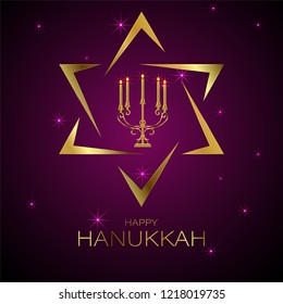 Shiny golden holy david star with traditional menorah (Candelabrum) on glossy purple background. Happy Hanukkah greeting card design.