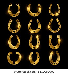 Shiny golden horseshoe vector icons, lucky symbols set isolated on black illustration