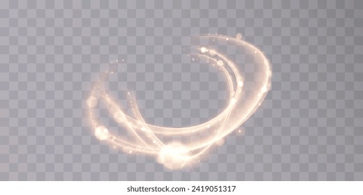Shiny golden light sparkling spiral with magic vector effect of magical sparkling dust particles. Light painting illustrating the movement of energy.