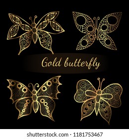 Shiny golden line  butterflies on the black background. Butterfly collection in shiny luxury golden colored. Vector illustration