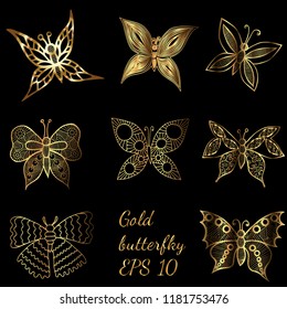 Shiny golden line butterflies on the black background. Butterfly collection in shiny luxury golden colored. Vector illustration