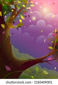 Shiny golden moon and big tree, landscape scenery in purple colors. Golden sunrise and moon in sky. Beautiful summer or autumn illustration with big tree . Vector poster in watercolor style.