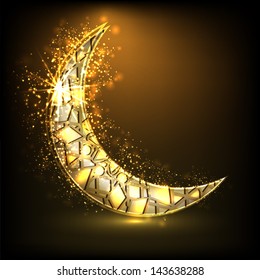 Shiny golden moon on brown background for Muslim community festival Eid Mubarak.