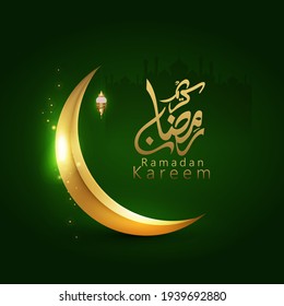 Shiny golden moon on green background with arabic calligraphy Ramadan Kareem for Muslim community festival Ramadan Kareem.