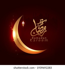 Shiny golden moon on red background with arabic calligraphy Ramadan Kareem for Muslim community festival Ramadan Kareem.