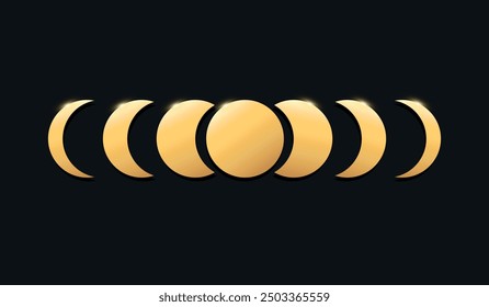 Shiny golden Moon phases symbol on a black background. Golden moon and crescent. Vector illustration