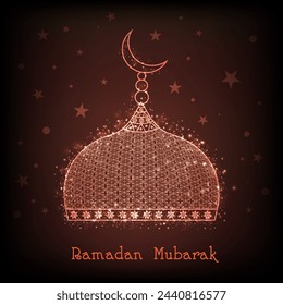 Shiny golden mosque on brown background for Islamic holy month of prayers, Ramadan Mubarak celebrations.