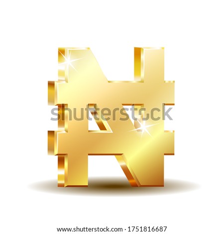 Shiny golden Naira currency sign. Symbol of Nigerian monetary unit. Vector illustration isolated on white background