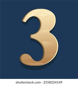 A shiny golden number 3 design on a dark blue plaque. Vector Numeral Plate Illustration, perfect for creative projects and design elements