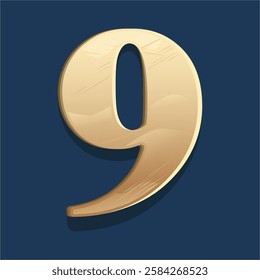 A shiny golden number 9 design on a dark blue plaque. Vector Numeral Plate Illustration, perfect for creative projects and design elements