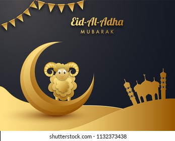 Shiny golden paper cut style illustration of sheep with crescent moon and mosque on black background decorated with bunting flag for Eid Al Adha festival celebration.