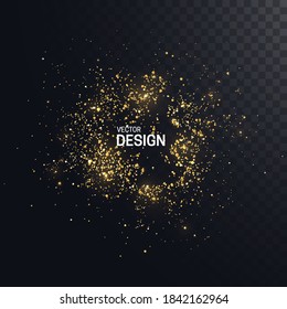 Shiny golden particles. Gold foil glitters frame isolater on dark transparent background. Bursting tinsel. Golden powder explosion. Decoration element for design. Vector illustration