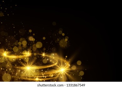 Shiny golden particles and sparkles abstract magic light background.