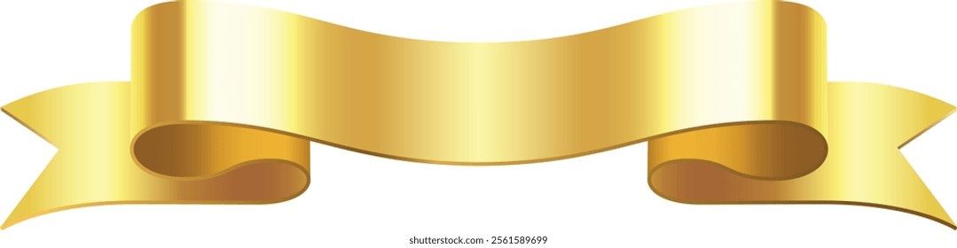 Shiny golden ribbon banner waving freely on white background, perfect for celebrations, awards, or festive decorations, adding a touch of elegance and prestige