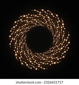 Shiny golden round frame with sparkle particles. Christmas light concept. Magic swirl light effect.