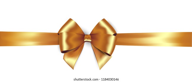 Shiny Golden Satin Ribbon . Vector Isolate Gold Bow For Design Greeting And Discount Card Christmas Gift, Valentines Day, Birthday  Wrapping Element