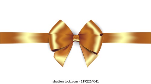 Shiny Golden Satin Ribbon . Vector Isolate Gold Bow For Design Greeting And Discount Card. Christmas Gift, Valentines Day, Birthday  Wrapping Element