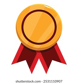 Selo dourado brilhante com um centro em branco é adornado com uma fita vermelha brilhante, simbolizando vitória e realização