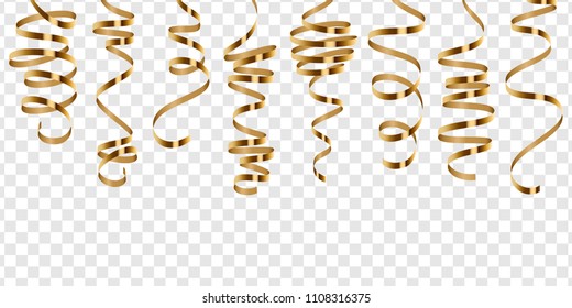 Shiny golden serpentine isolated on transparent background. Vector illustration. Gold ribbons set for holiday design