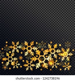 Shiny golden snowflakes and stars decorated on black png background with space for your text.