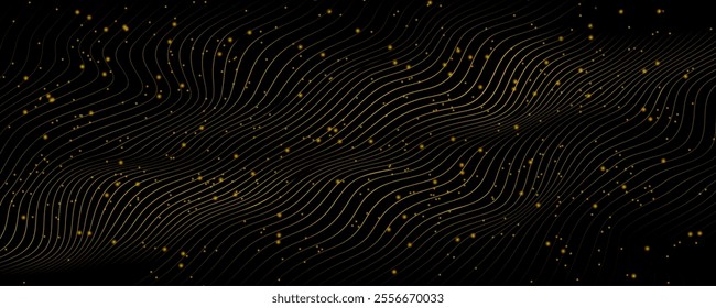 Shiny golden sparkling abstract background with wavy lines and dust particles. Minimal vector banner design
