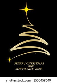 Shiny golden spiral christmas tree on black background, vector art illustration.