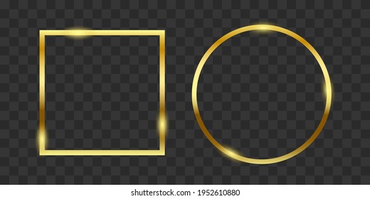 Shiny golden square, circle, round frame, banner with lights vector illustration on transparent background