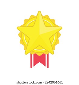 Shiny golden star badge icon with red ribbon.