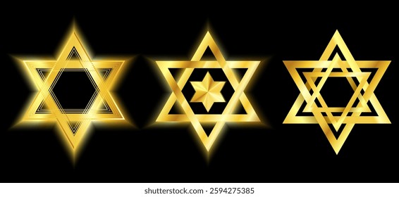 Shiny Golden Star of David Set on Black Background.Luxurious Gold Jewish Star Symbols with Glow Effect. ideal for religious themes, Judaica art, cultural designs. Vector illustration