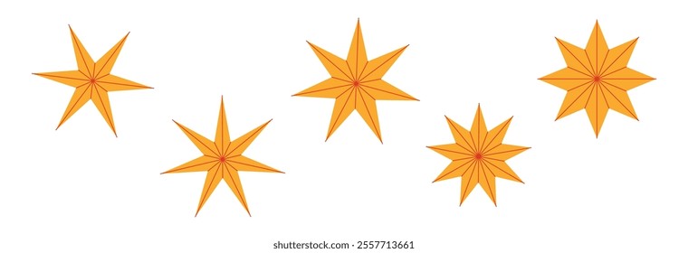 Shiny golden star with metallic texture and glitter effect. Luxury Christmas decoration elements set. Flat vector illustration isolated