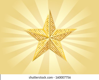 Shiny golden star on yellow background with rays.