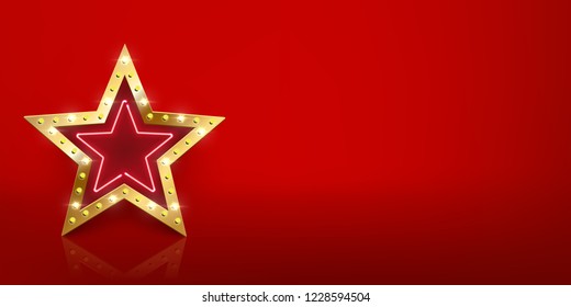 Shiny golden star sign with light bulbs and neon with mirror reflection on red background. Vector design template