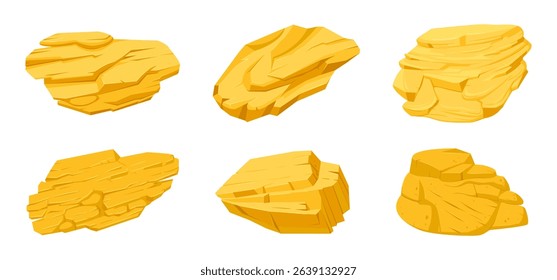 Shiny golden stones. Gold mine nuggets, precious yellow golden jewel gemstones flat vector illustration set. Cartoon golden treasure rocks