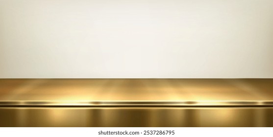 Shiny golden surface against beige wall background. Vector realistic illustration of yellow steel bar counter, product presentation podium, empty metal stage, glossy shelf, interior design element