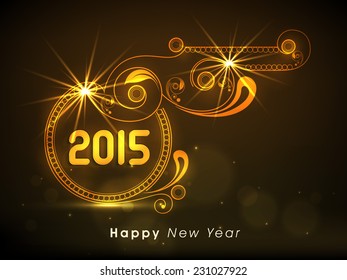 Shiny golden text 2015 with floral design for Happy New Year celebrations on shiny brown background.