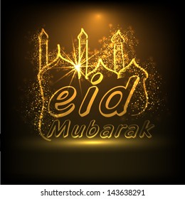 Shiny golden text Eid Mubarak with shiny mosque on brown background.