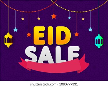 Shiny golden text Eid Sale on floral pattern decorated purple background, hanging lanterns and stars. 