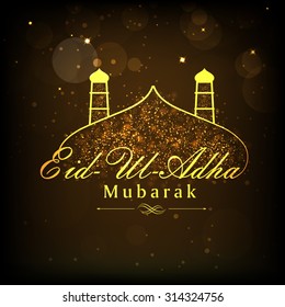 Shiny golden text Eid-Ul-Adha Mubarak with mosque on brown background for muslim community festival of sacrifice celebration.