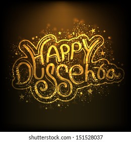 Shiny golden text Happy Dussehra on brown background for Indian festival. 