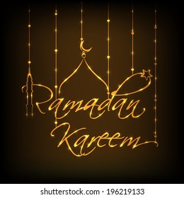 Shiny golden text Ramadan Kareem on shiny brown background, Beautiful greeting card design for holy month of Muslim community. 