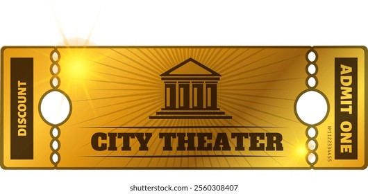 Shiny golden ticket for City Theater with discount and admit one allowing access to cultural event, offering an unforgettable artistic experience