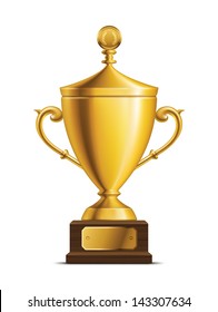 Shiny golden trophy cup isolated on white with a shadow.
