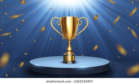 Shiny Golden Trophy on Blue Podium Illuminated by Spotlights with Golden Confetti Falls, Victory Celebration, Vector Illustration