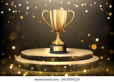 Shiny Golden Trophy on Luxury Podium with Flying Particles, Victory Celebration, Vector Illustration