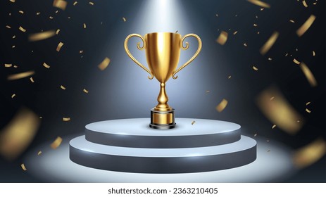 Shiny Golden Trophy on White Podium Illuminated by Spotlights with Golden Confetti Falls, Victory Celebration, Vector Illustration