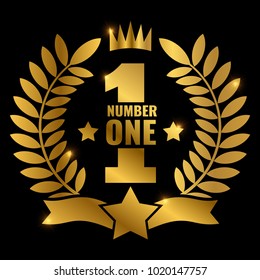 Shiny golden vector number one retro label design isolated on black illustration