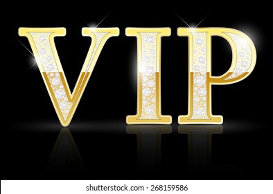 Shiny golden VIP sign with diamonds on black background - vector illustration