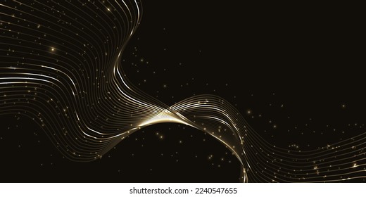 Shiny golden wave with magic stardust on black background. Luxury abstract design template with copy space. Illuminated swirl gold lines with glittering flying particles